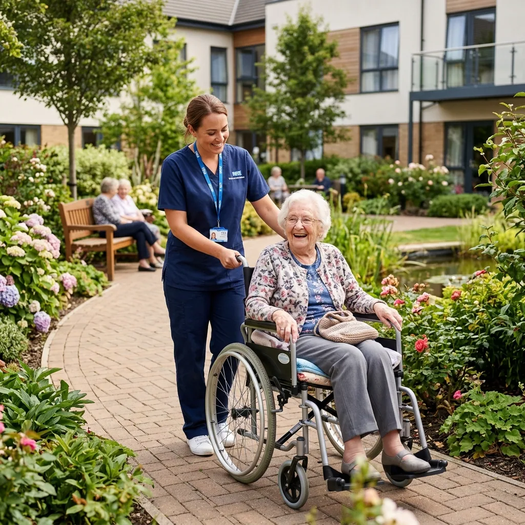Caring nurse with senior in wheelchair